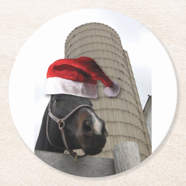 Horse with Santa Hat Round Paper Coaster (Front)