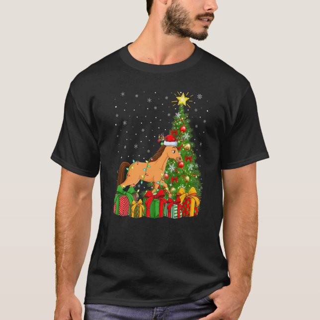 Horse  Xmas Holiday Santa Horse Christmas Tree T-Shirt (Front)