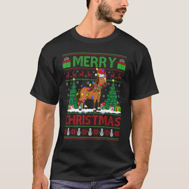 Horse   Xmas Tree Lights Ugly Santa Horse Christma T-Shirt (Front)
