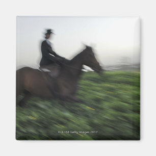 Horseback riding in green field. Woman horseback Magnet
