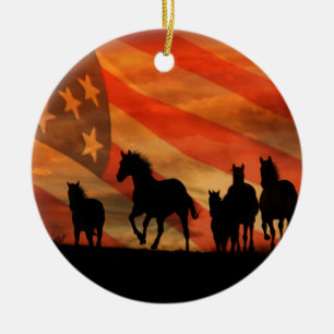 Horses and American Flag Ceramic Ornament