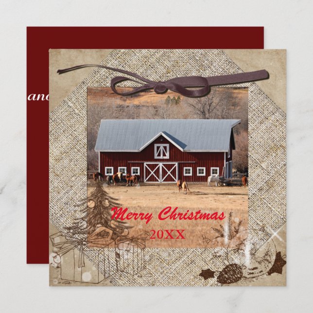 Horses and Barn Merry Christmas Flat Card (Front/Back)