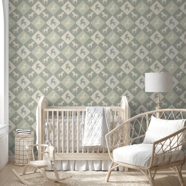Horses and diamond patterns gray green vanilla wallpaper (Kids)