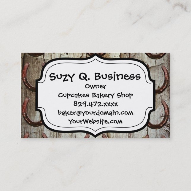Horses and Horseshoes on Barn Wood Cowboy Gifts Business Card (Front)