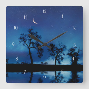 Horses and Moon Stars Fantasy Beautiful Square Wall Clock