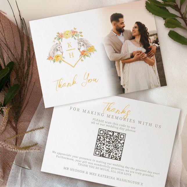 Horses and roses monogram wedding Photos QR Code Thank You Card (Creator Uploaded)