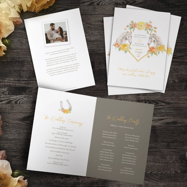 Horses and roses yellow monogram art wedding program (Creator Uploaded)