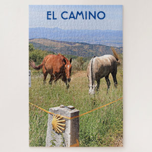 Horses and shell marker post, El Camino, Spain Jigsaw Puzzle