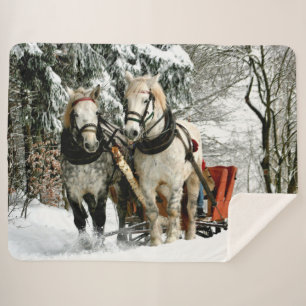 HORSES and SLEIGH in the SNOW Sherpa Blanket