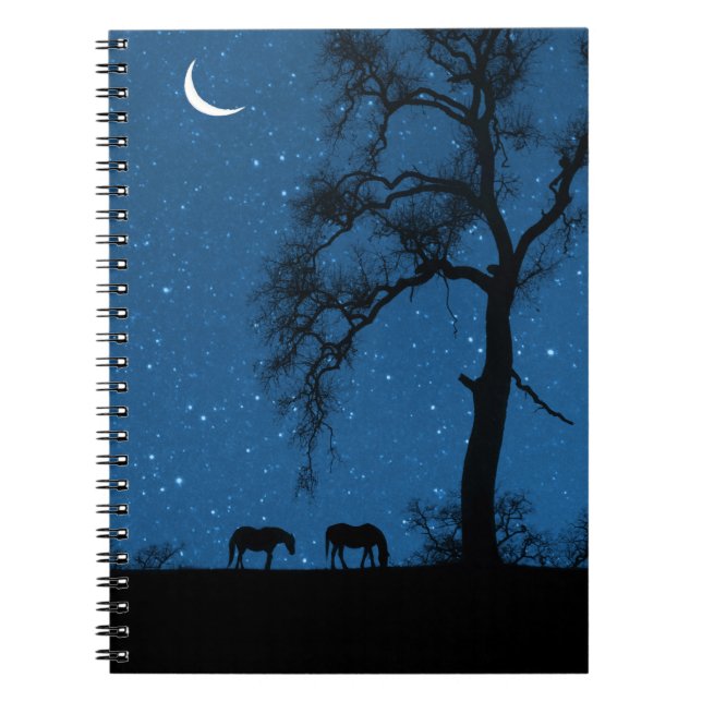 Horses and Starry Night with Crescent Moon Notebook (Front)
