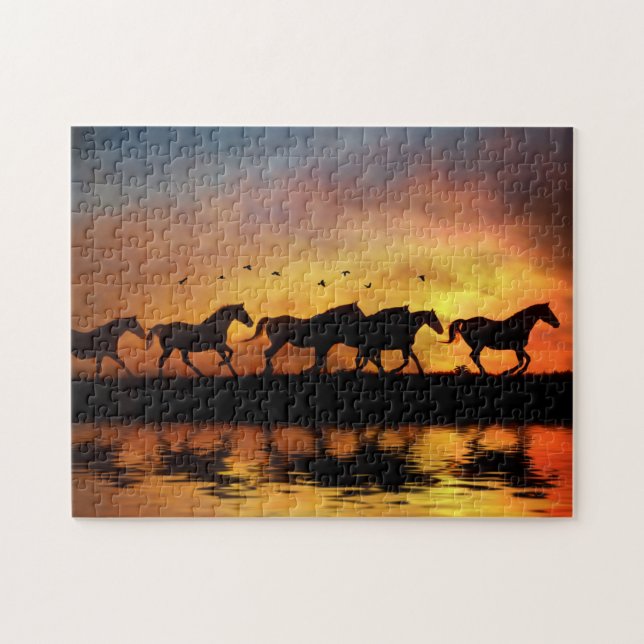 Horses and Sunset Running with Water Jigsaw Puzzle (Horizontal)