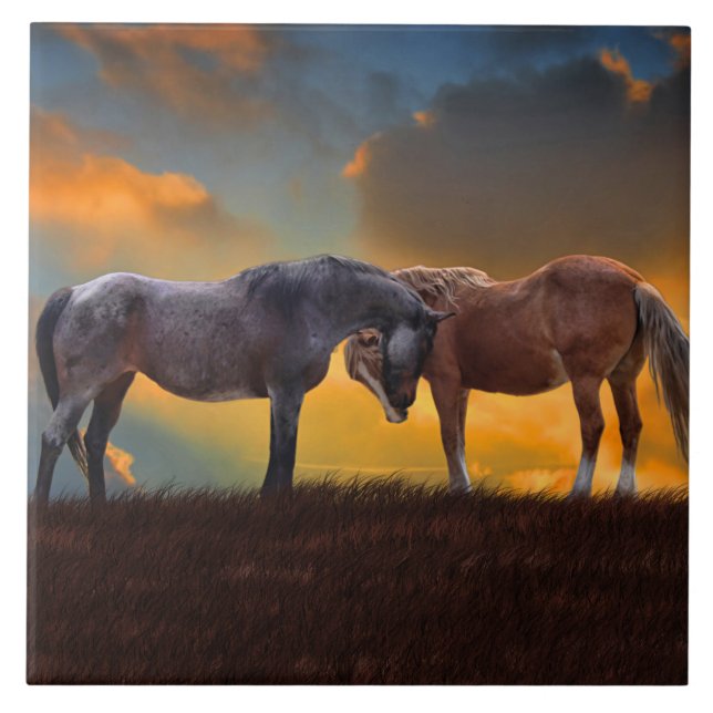 Horses Art Sunset Country Surreal Ceramic Tile (Front)