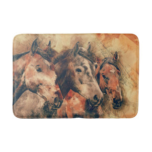 Horses Artistic Watercolor Painting Decorative Bath Mat