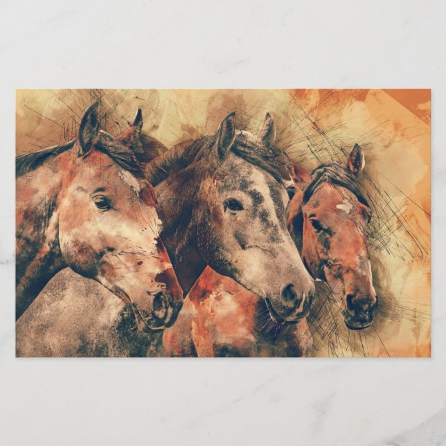 Horses Artistic Watercolor Painting Decorative Stationery (Front)
