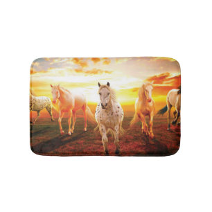 Horses at sunset throw pillow bath mat