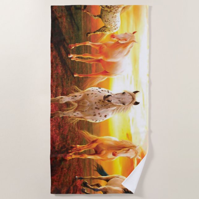 Horses at sunset throw pillow beach towel (Front)