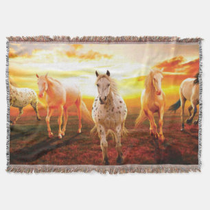 Horses at sunset throw pillow blanket