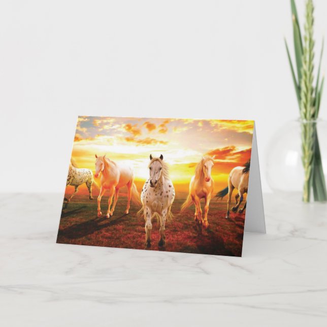 Horses at sunset throw pillow card (Front)