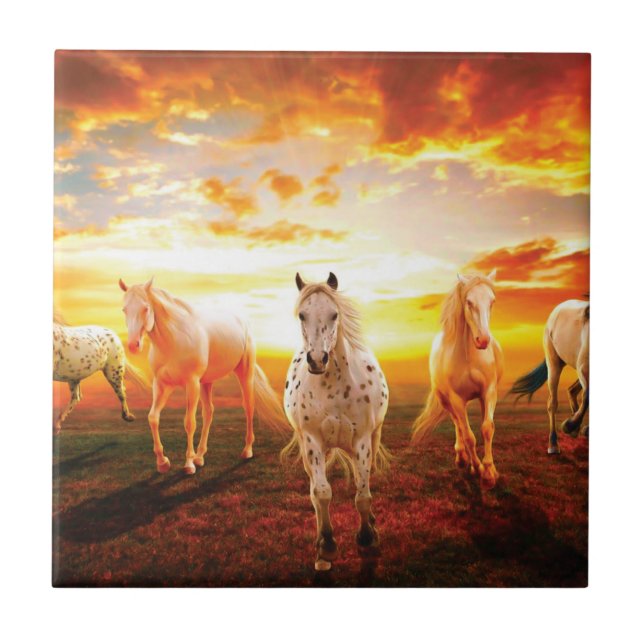 Horses at sunset throw pillow ceramic tile (Front)