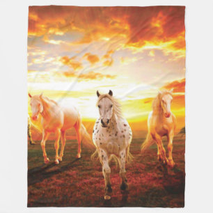 Horses at sunset throw pillow fleece blanket