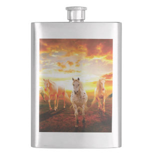 Horses at sunset throw pillow hip flask