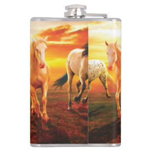 Horses at sunset throw pillow hip flask
