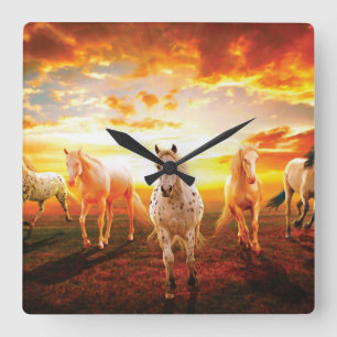 Horses at sunset throw pillow square wall clock