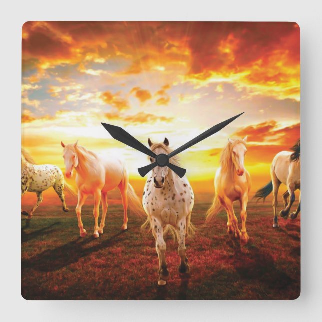 Horses at sunset throw pillow square wall clock (Front)