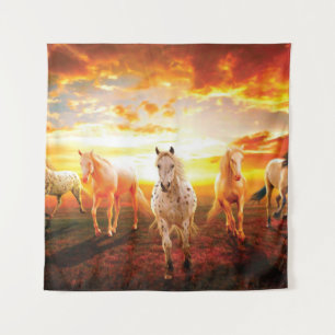 Horses at sunset throw pillow tapestry