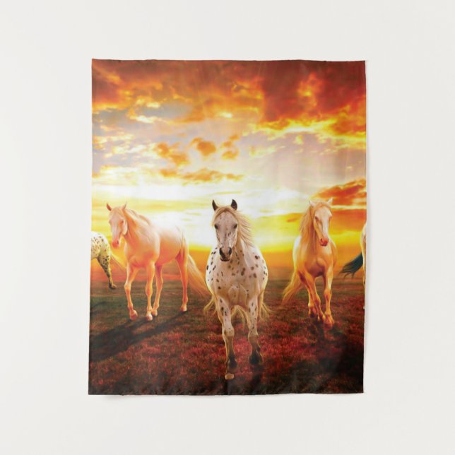 Horses at sunset throw pillow tapestry (Front)