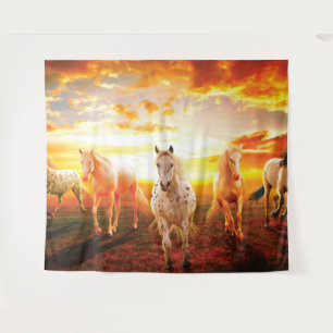 Horses at sunset throw pillow tapestry