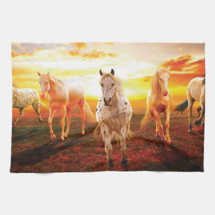 Horses at sunset throw pillow tea towel