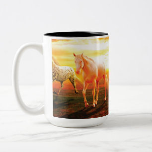 Horses at sunset throw pillow Two-Tone coffee mug