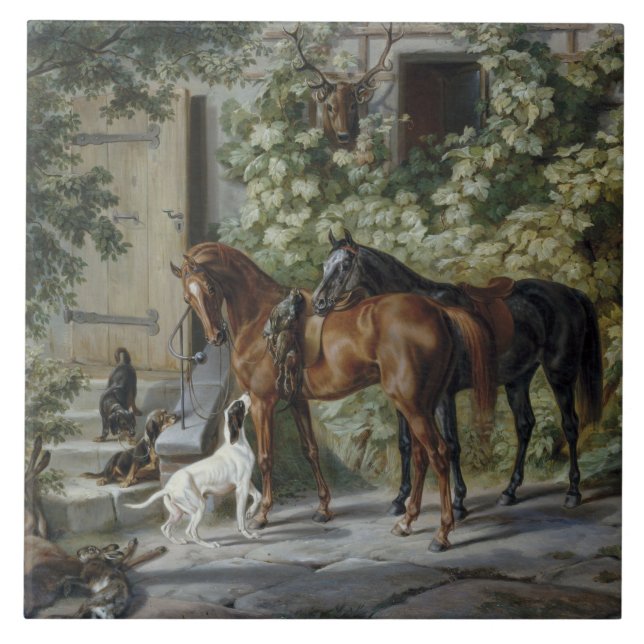 Horses at the Porch (by Albrecht Adam) Ceramic Tile (Front)
