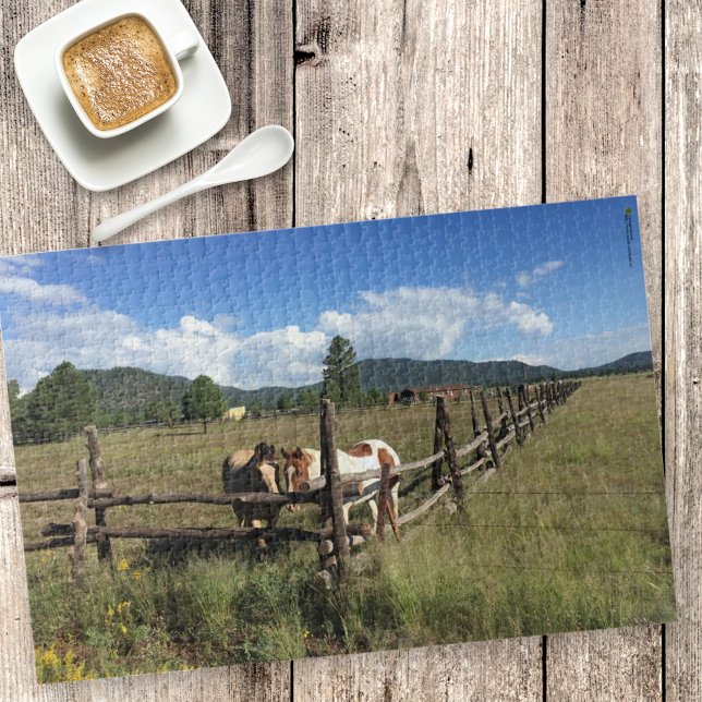 Horses At The Split Rail Fence Photograph Jigsaw Puzzle (over head view of jigsaw puzzle of horses at a rustic fence)