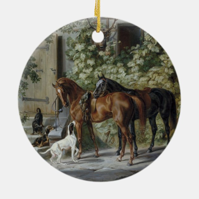 Horses at the Stable Porch (by Albrecht Adam) Ceramic Ornament (Back)