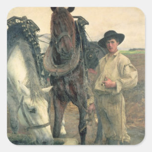 Horses at the Water Trough, 1884 (oil on canvas) Square Sticker