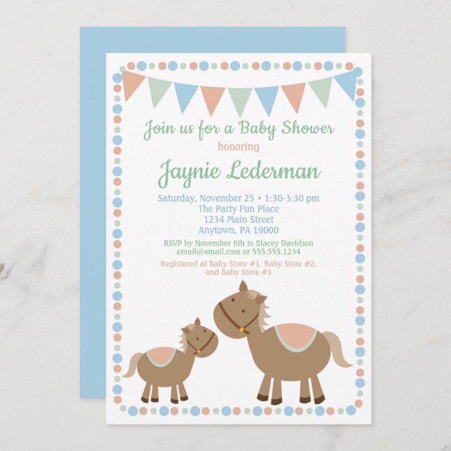 Horses Baby Shower Invitation Country Boy Blue (Front/Back)