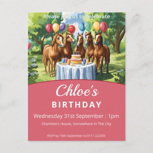 Horses Birthday Party Invitation Postcard (Front)