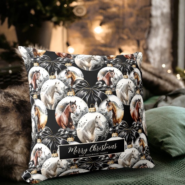 Horses black and gold Christmas pattern Cushion (Horses black and gold Christmas quote Throw Pillow)