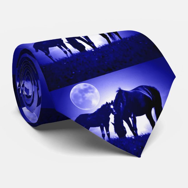 Horses Blue Night Fullmoon Tie (Rolled)