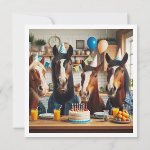 Horses celebrating birthday w/cake and hats, boy invitation
