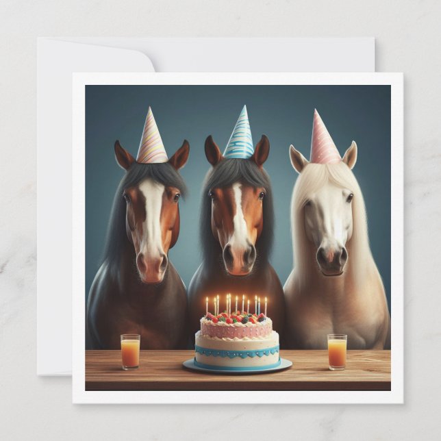 Horses celebrating birthday w/cake and hats invitation (Front)