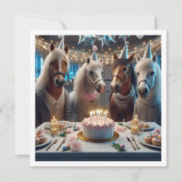 Horses celebrating birthday w/cake and hats