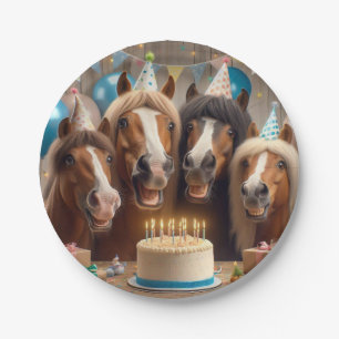 Horses celebrating birthday w/cake and hats plate