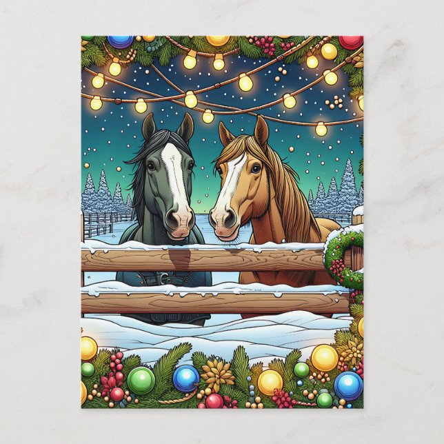 Horses, Christmas Lights Personalised Postcard (Front)