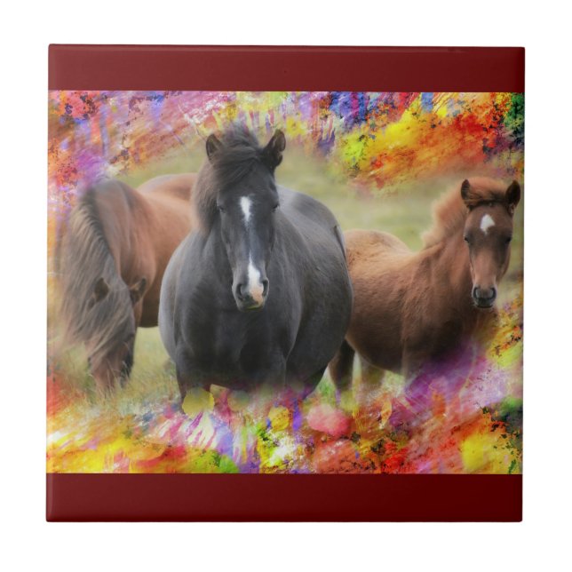 Horses Colourful Ceramic Tile (Front)