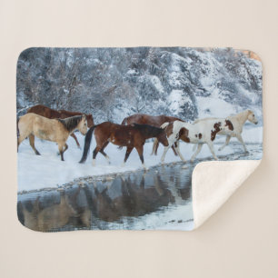 Horses Crossing the Creek Sherpa Blanket
