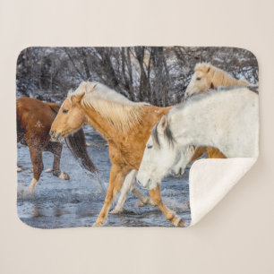 Horses Crossing the Stream Sherpa Blanket