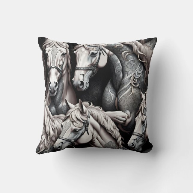 Horses Detailed Painting in Black& White Art  Cushion (Back)
